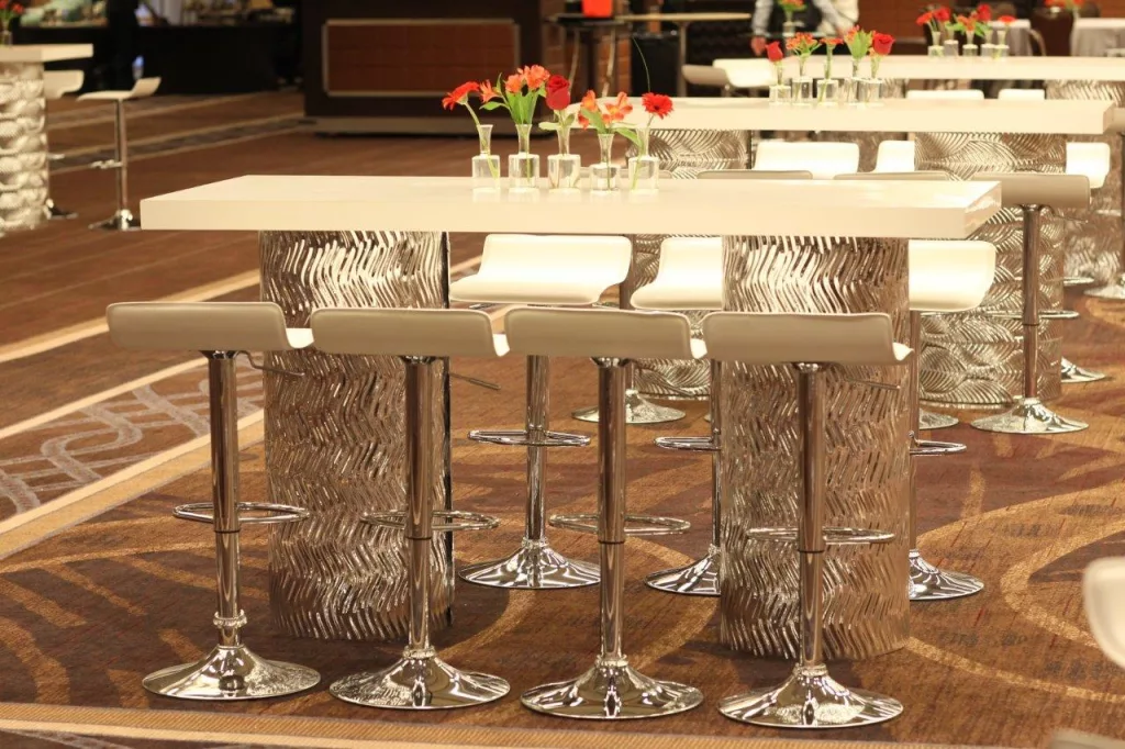 Contempo Silver Mirrored High Top Communal Table w/ White Top - 6'x30"x42"