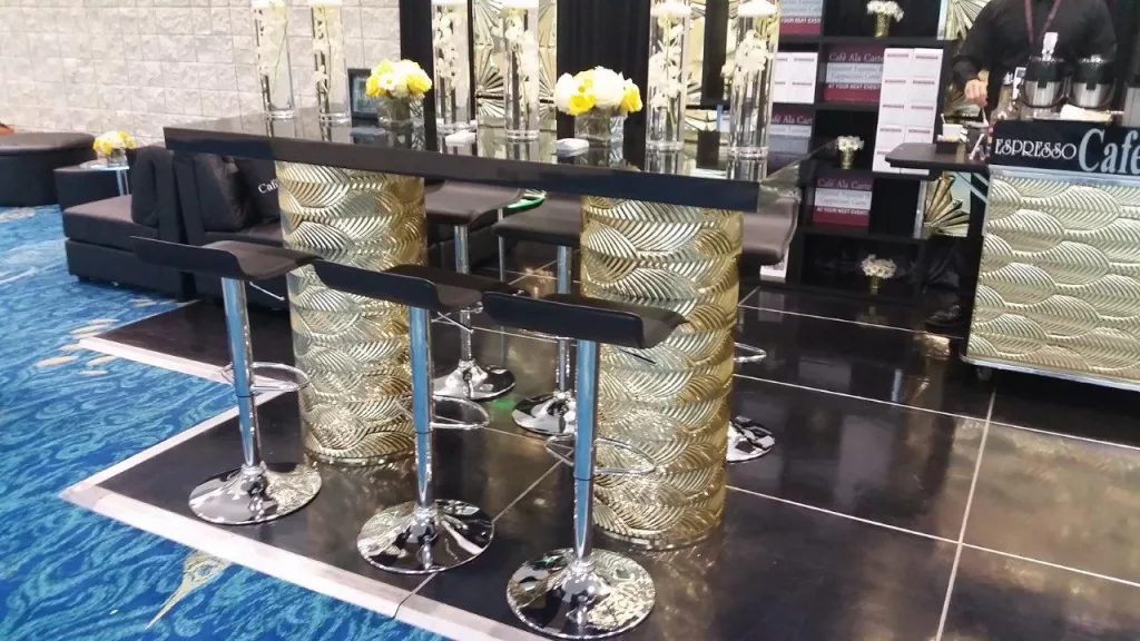 Gatsby Gold Mirrored High Top Communal Table w/ Black Top - 6'x30"x42"