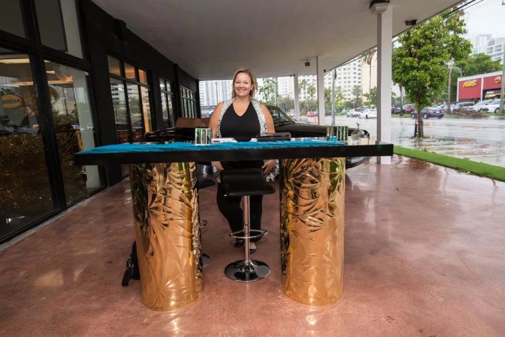Gold Mirrored Petals Registration High Top Communal Table