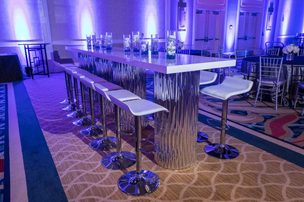 Silver Mirrored Wave High Top Communal Table w/ White Top Top - 6'x30"x42"